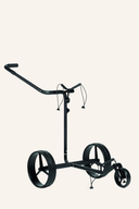 Schwarzer JuCad Carbon Travel SV 2.0 Elektrotrolley mit kompakter Bauweise und modernem Design, ideal für den Transport von Golfgepäck.