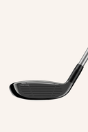 TaylorMade Qi 10 MAX Hybrid, golfclub mit schwarzem Schaft und schwarzer Clubkopf, Nahaufnahme des Schlägers.