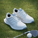 Weiße Adidas S2G 26 Golfschuhe aus Leder, spikeless, mit bequemer Passform für Damen und Herren.
