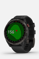 Schwarze Garmin Approach S42 GPS-Golfuhr mit digitalem Display und elegantes Design, ideal für Golfer.