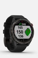 Schwarze Garmin Approach S42 GPS-Golfuhr mit digitalem Zifferblatt und sportlichem Design auf weißem Hintergrund.