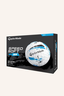 Weiße und blaue Speed Soft Golfbälle von TaylorMade, detailreiche Nahaufnahme der Bälle auf weißem Hintergrund