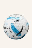 Weiße und blaue Speed Soft Golfbälle von TaylorMade, Nahaufnahme der Bälle auf weißem Hintergrund