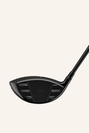 TaylorMade Qi4D LS Driver, glänzender Golfschläger mit schwarzem Griff und aerodynamischem Design, Nahaufnahme der Schlägerkopffront.