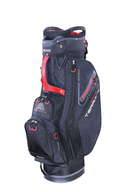 Schwarzer und roter Big Max Terra X Cartbag auf einem Golfwagen, mit mehreren Taschen und Schlägerhaltern sichtbar.