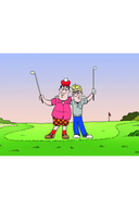 Cartoon-Golfregeln mit Tom und Chip auf dem Golfplatz, lustiges Geschenkartikel von Expert Golf, farbige Illustration.