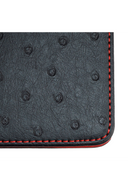 Golf Scorecard-Halter in Ostrich-Optik, schwarz und rot, eleganter Geschenkartikel von Golfers Paradise.