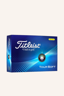 Gelbe Titleist Tour Soft 2024 Golfbälle, Nahaufnahme der Bälle mit weicher Oberfläche und Logo, ideal für präzises Spiel.
