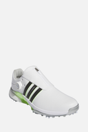 Adidas Tour360 24 BOA Boost Golfschuhe mit schwarzem Obermaterial und grünem Akzent, seitliche Schnürschnalle und griffige Sohle.