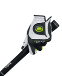 Golfhandschuh von Zoom in Weiß mit schwarzem Logo, zeigt die Handfläche und das Design des Tour-Modells.
