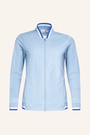 Damen-Stormjacke von Cross Sportswear, blaue wasserdichte Jacke mit Kapuze, Rückenansicht, atmungsaktives Material